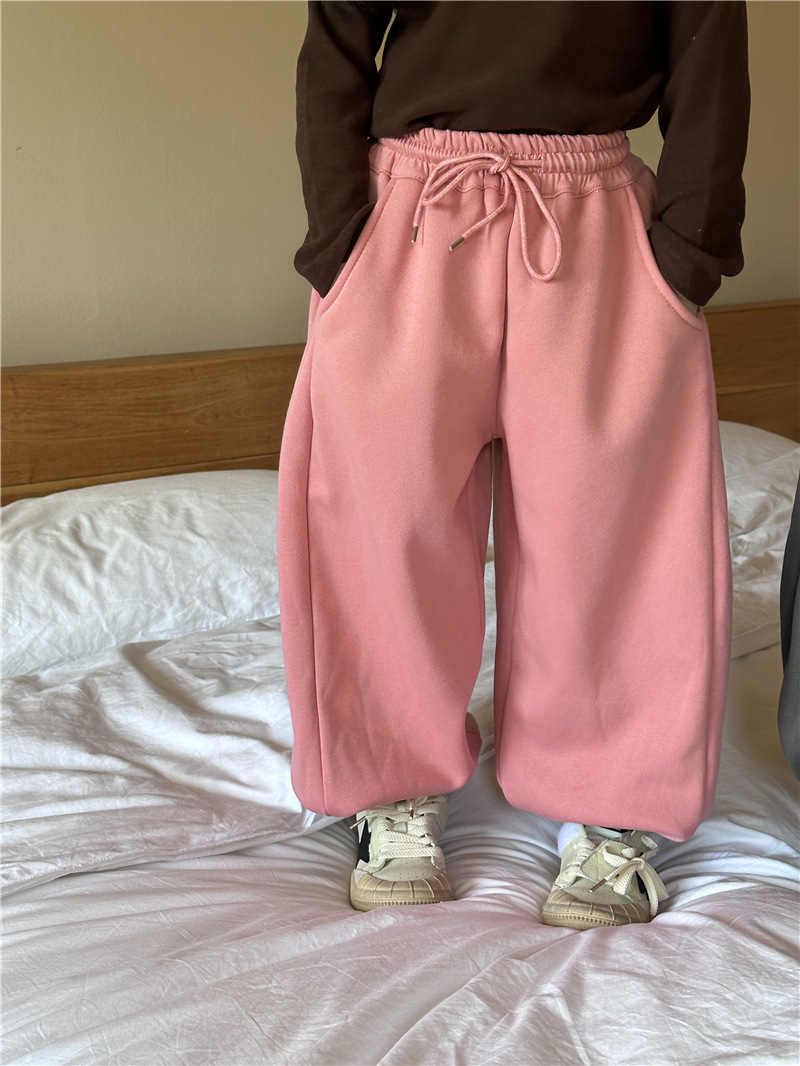 2024 Winter New Children's Wear Korean Style Children's fleece-lined Sweatpants Loose Casual One-piece Velvet Sports Pants for Boys and Girls