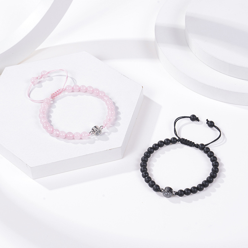European and American Fashion 100 Languages Projection Bracelet I Love You Pink Crystal Frosted Stone Couple Bracelet Gift