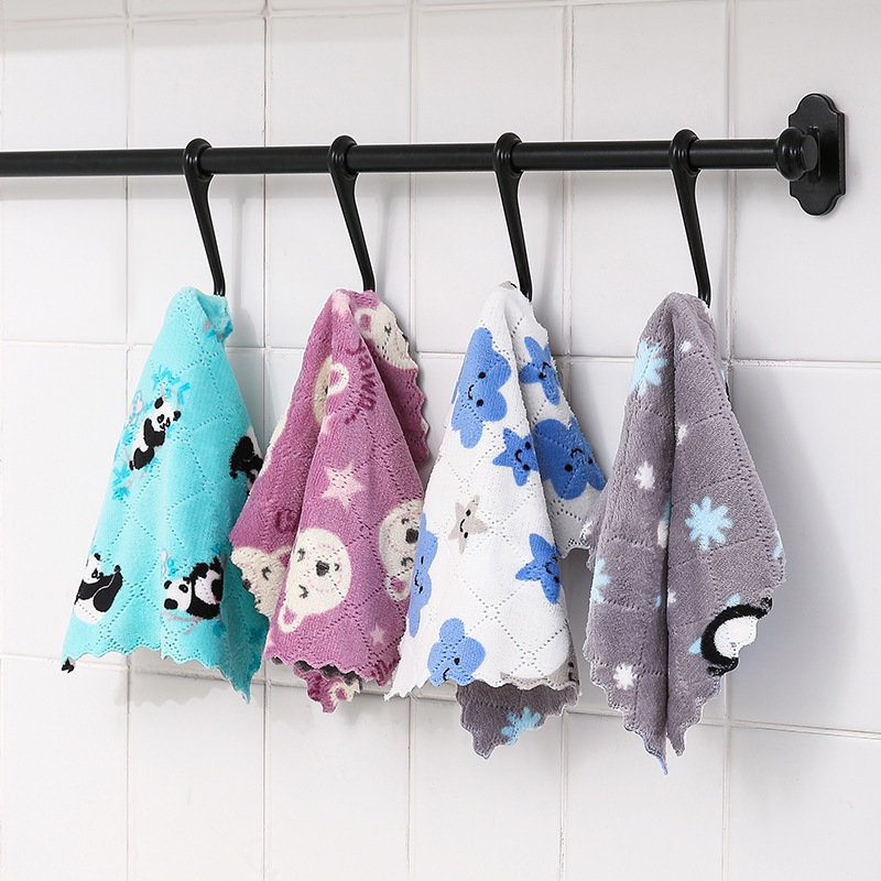 Kitchen dishcloth printed coral fleece double-layer thick absorbent clean oil-free dishwashing towel table scouring pad wholesale