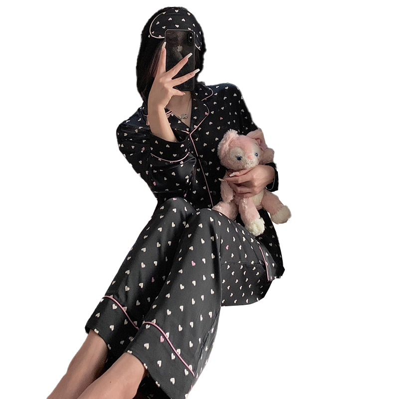 Cross-border silk feel ice silk women's pajamas new spring summer full print heart student home wear two-piece set wholesale