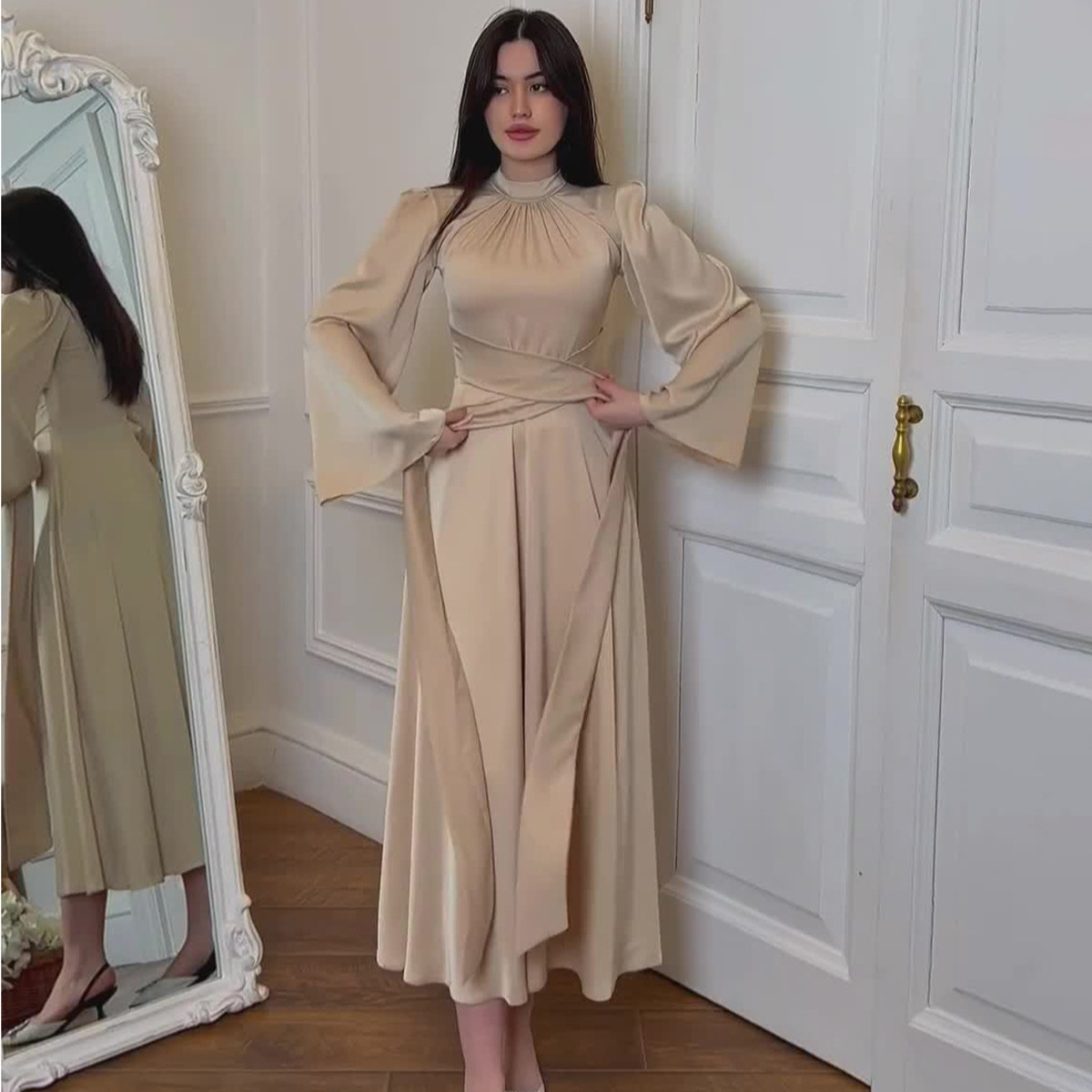 Amazon Europe and America 2024 Spring New Strap Solid Color Satin Princess Style Slim-fit Dress