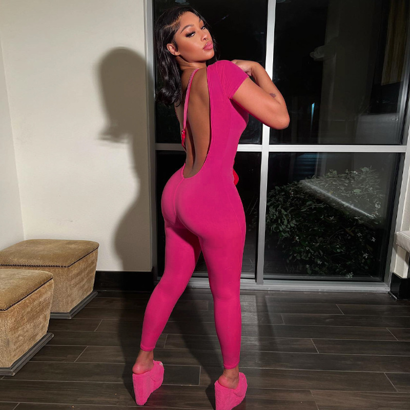 European and American 2024 summer women's new solid color short sleeve backless slim hip sports fitness jumpsuit women's wholesale