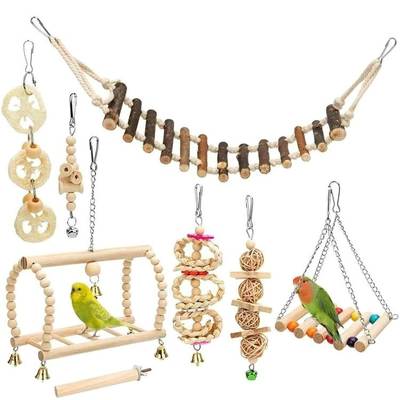 Parrot bite toy small and medium-sized bird toy log swing ring bell string 8-piece set 350g