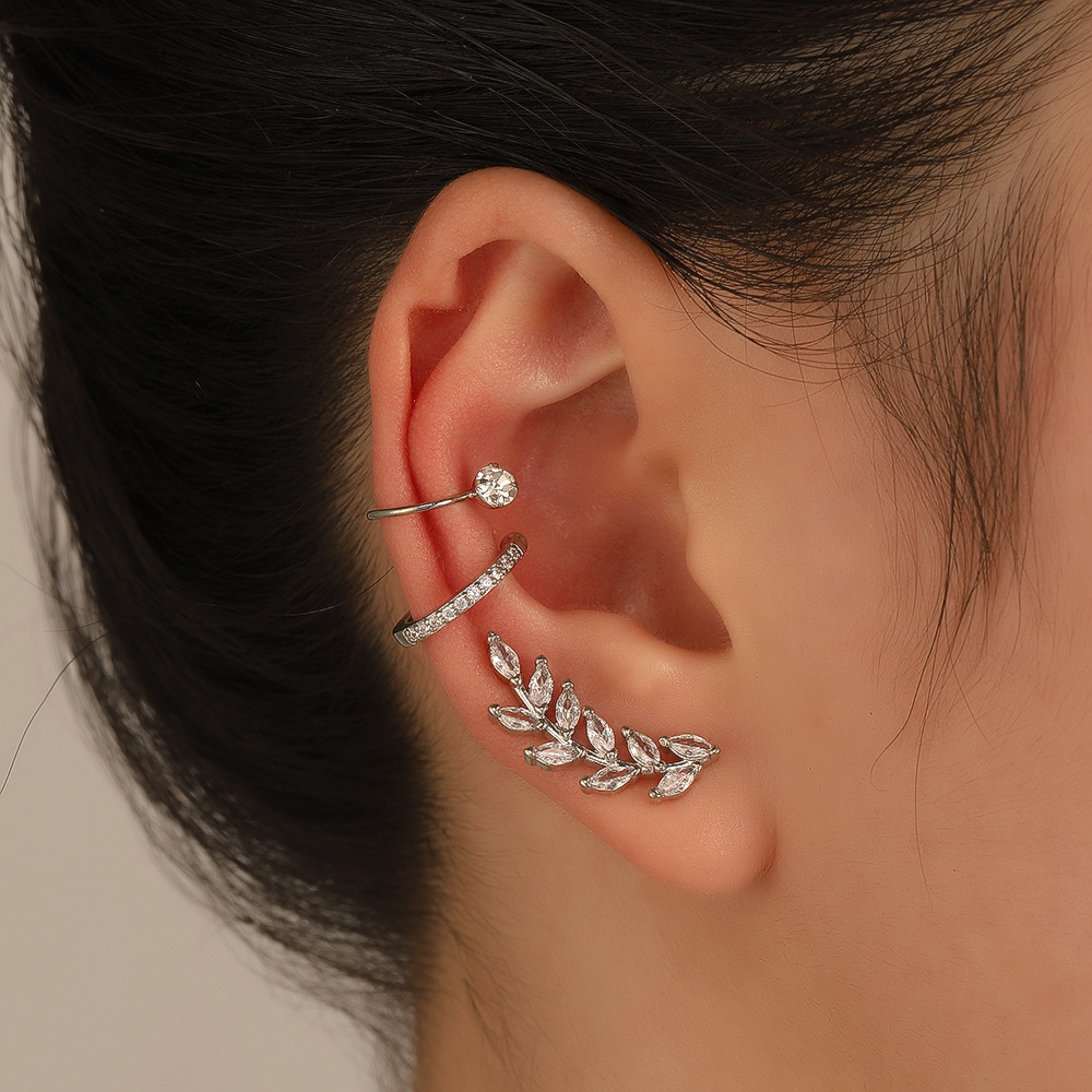 Cross-border Hot-selling Zircon Ear Clip Set ins Fashionable Elegant Leaf Ear Clip Ear Clip Simple Distinctive Earrings