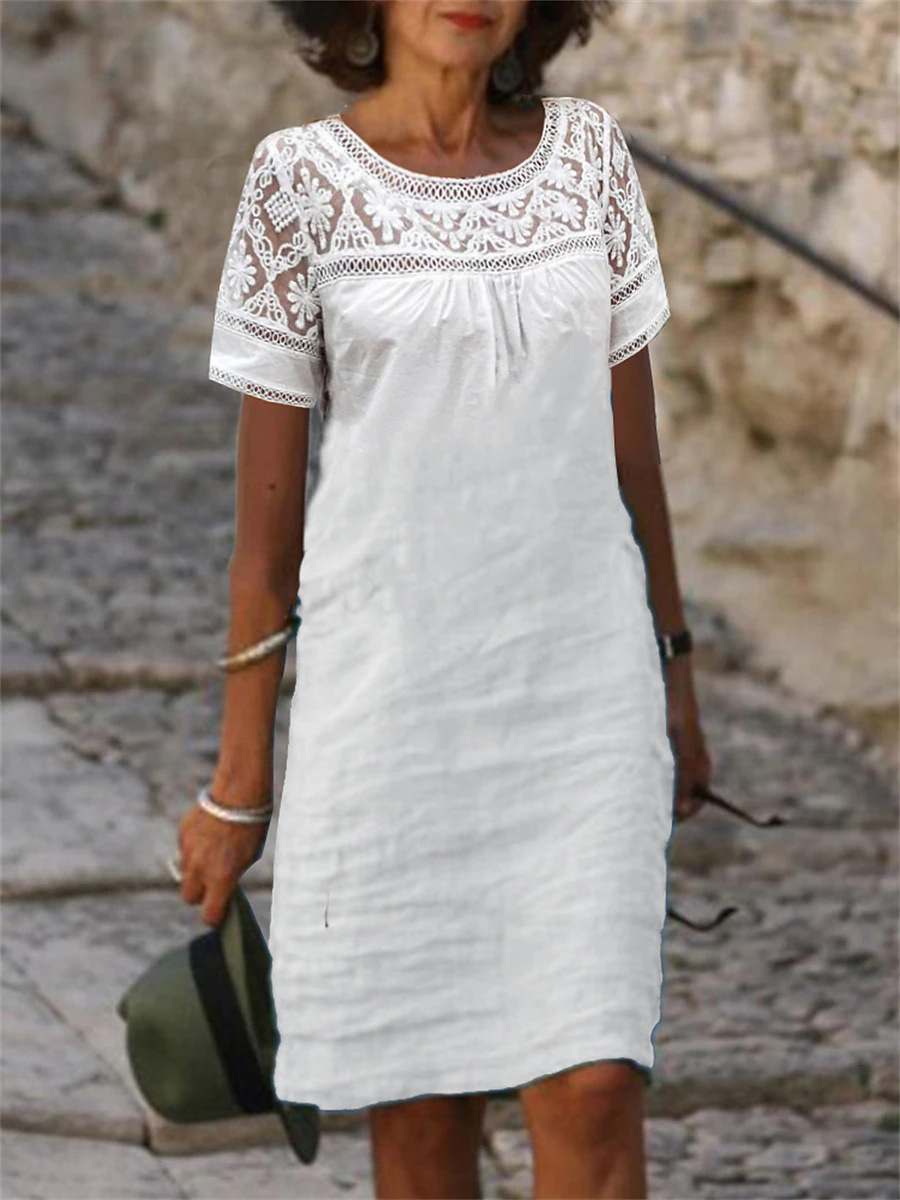 2023 Amazon independent station spring and summer new casual lace stitching round neck cotton linen solid color short sleeve dress