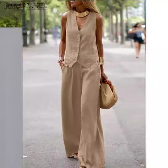 European and American Women's Cross-border 2024 New Fashion Solid Color suit Vest Trousers Collage Stitching Casual Two-piece Set for Women