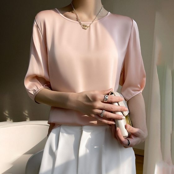 Breathable Silk Silk 2024 Spring and Summer New Women's Crewneck Loose Solid Color Acetic Satin All-match T-shirt Top