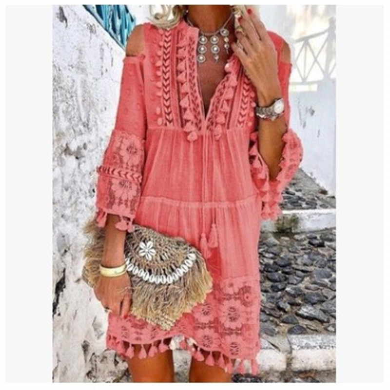2021 Amazon beach dress popular new European and American high-end beach lace tassel long women's clothing