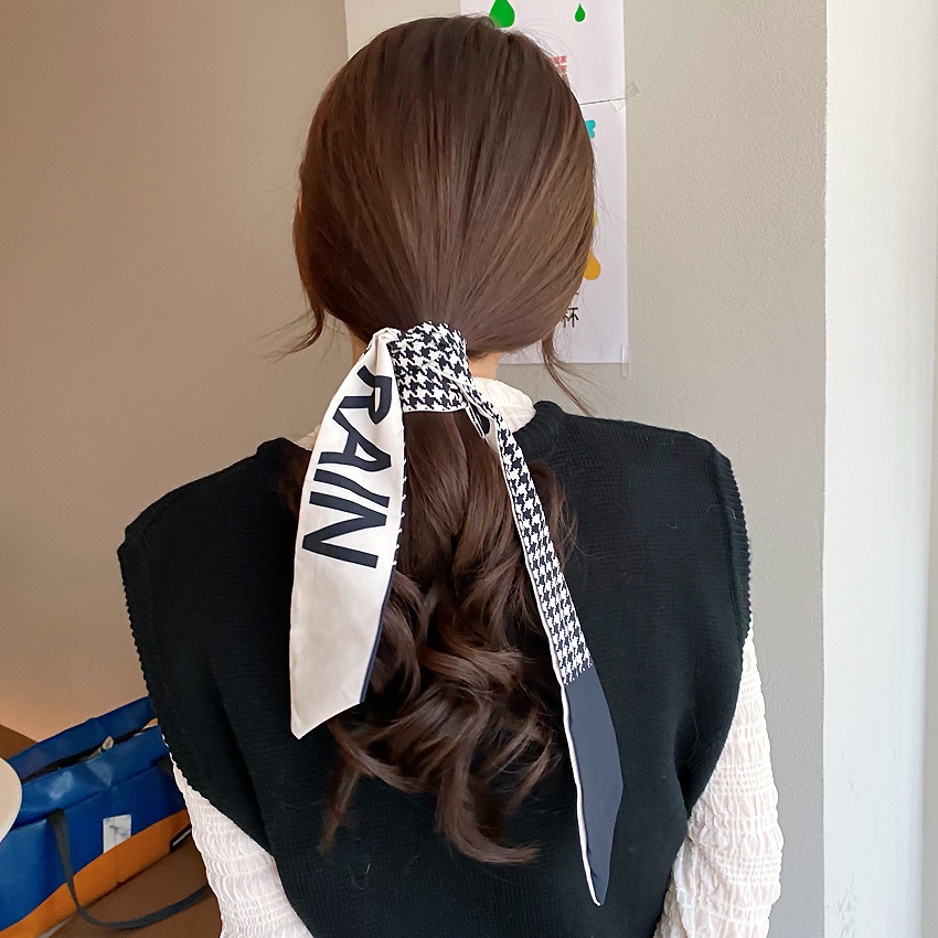 Korean Style Houndstooth Silk Scarf Hair Belt Retro Women's Elegant Tie Pony Tail Bow Ribbon Headband Ribbon Headband Mori Style