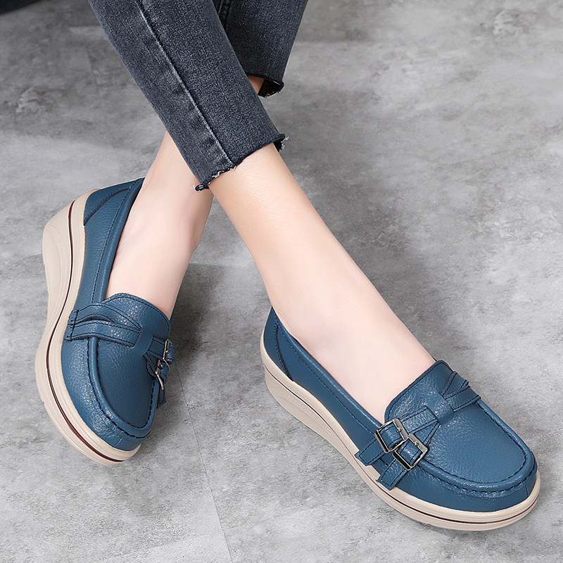 Spring and Autumn New Casual Thick-soled Wedge Large Size Slip-on Women's Single-layer Shoes Round-toe Metal Buckle Set-up Shoes for Moms