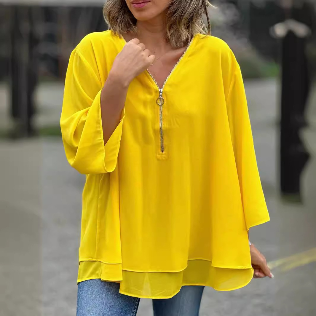 2024 Cross-border European and American Independent Station V-neck Seven-sleeve Casual Chiffon Top Metal Zipper Loose Casual Top