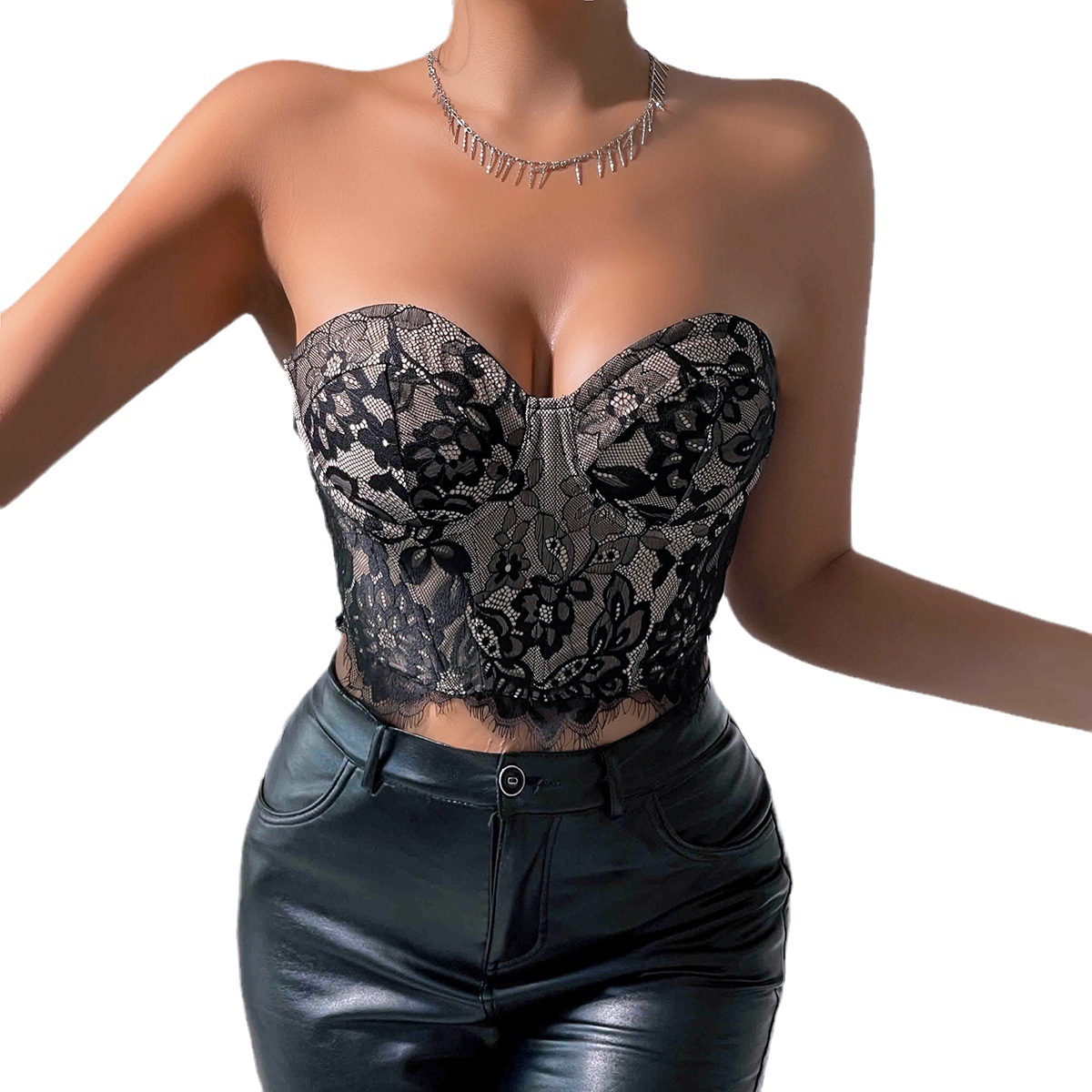 Cross-border European and American women's top hot selling sexy lace eyelash flower high-grade inner tube top 11075