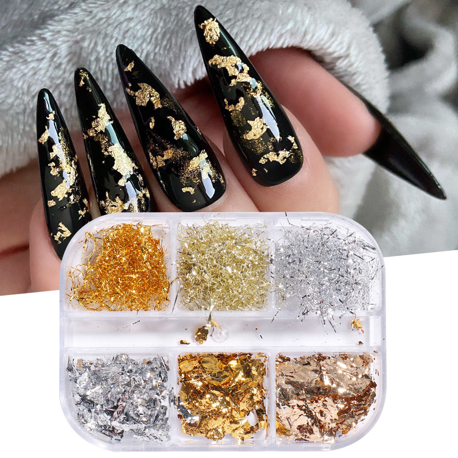 Cross-border new nail glitter ins gold and silver gold foil silk platinum fragments 6 grid boxed nail jewelry nail