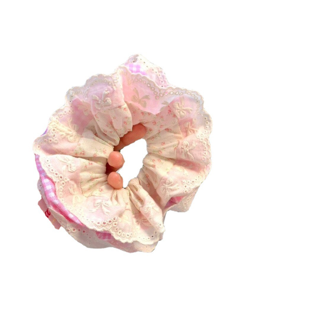 Zhao Lusi Same Style Sweet Lace Large Intestine Hair Ring High-grade Retro Plaid Hair Rope Hair Accessories Rubber Tendons for Women