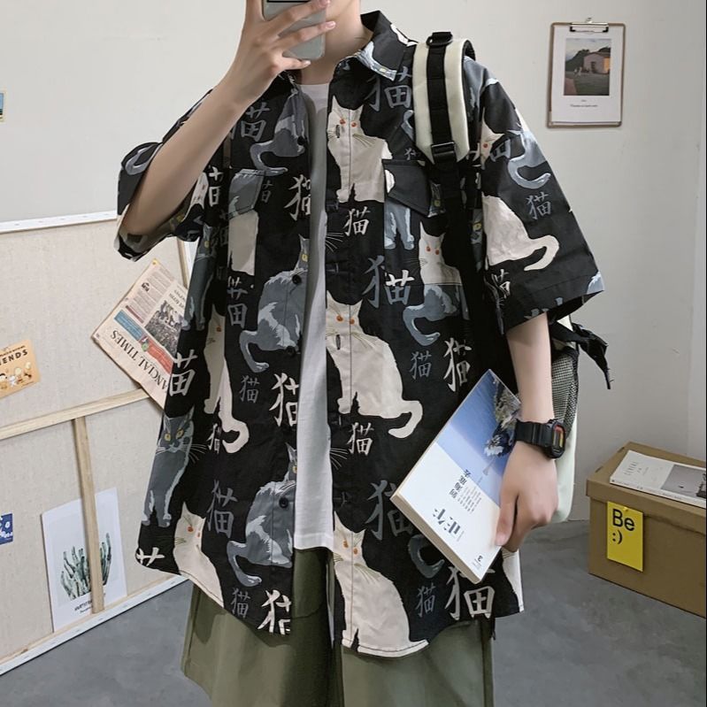 Summer Japanese Style Short-sleeved Shirt Men's Half-sleeved Shirt Hong Kong Style Trendy Cat Print Student Loose Casual Shirt Trendy