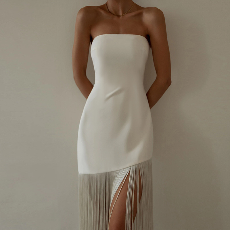 European and American Fashion Amazon Cross-border Dress 2023 Summer New Tassel Sexy Strapless Split Dress for Women