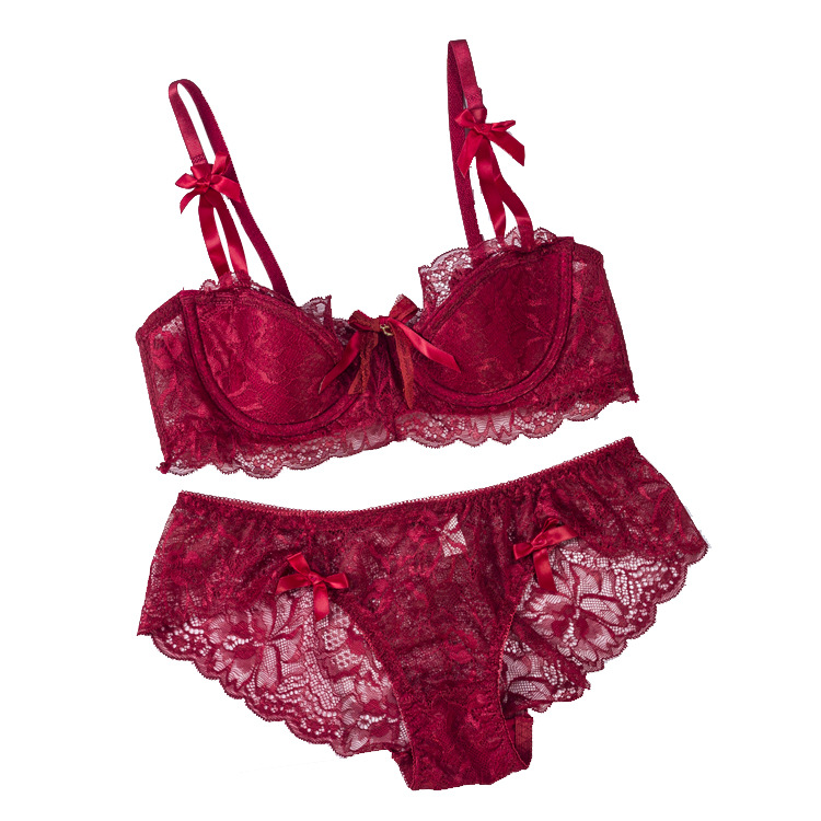 French lace underwear women's sexy thin push-up translucent big chest small side bra with steel ring suit