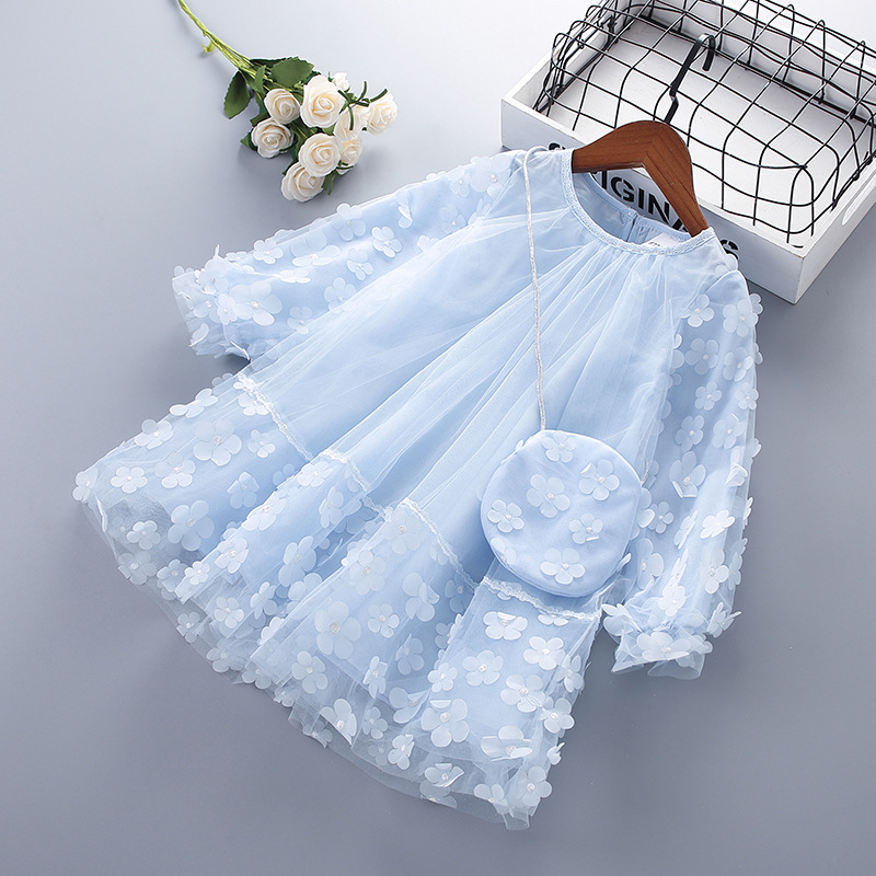 Spring new children's skirt mesh flower shiny belt bag long sleeve girls dress Korean version of a generation of hair