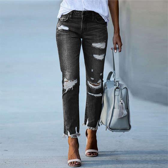 Factory direct 2023 new washed worn tassel ladies jeans Europe and the United States slim stretch leggings wholesale