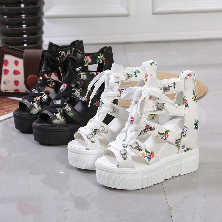 Fishmouth Sandals Women's Hollow Inner Height Breathable Mesh Shoes Platform Thick Bottom Wedge Heel High Heel 11cm Roman Student Sandals