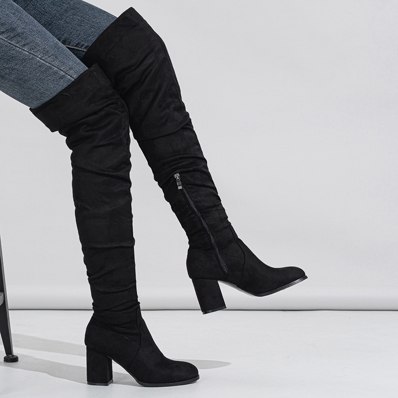 2023 foreign trade new knee-high boots soft natural wrinkled thick heel outdoor street runway women's boots 35-42 yards
