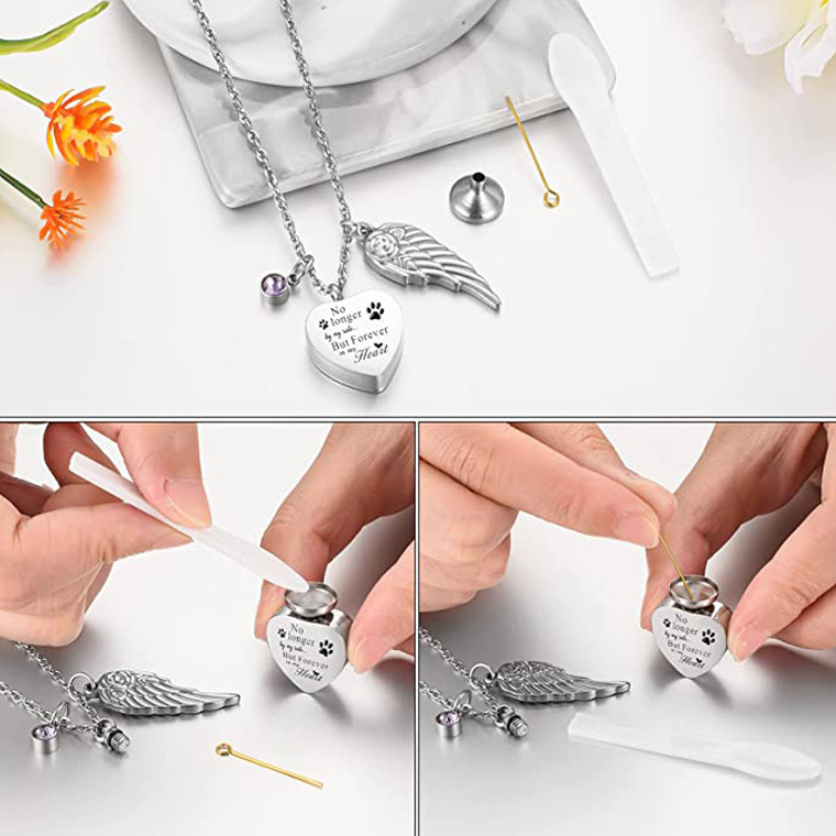 Fashion New in Memory of Family Pet Necklace with Ashes and Hair Perfume Pendant Stainless Steel Heart-Shaped Wings Necklace