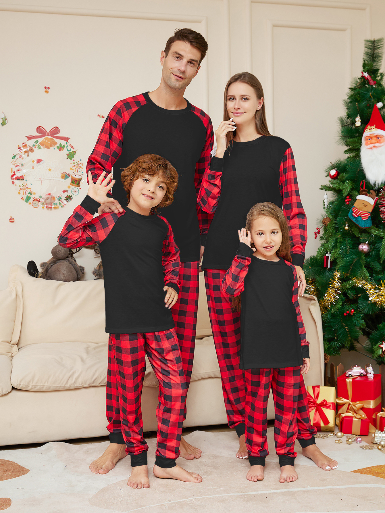 European and American Amazon Independent Station 2023 New Christmas Solid Color Plaid Printed Parent-Child Home Clothes Pajamas Set