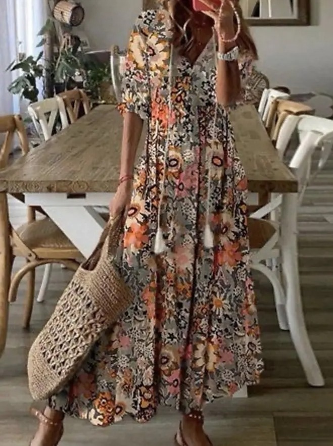European and American Cross-border Hot Selling Casual Sweet Loose V-neck Printed Sling Mid-sleeve Long Dress for Women in Stock