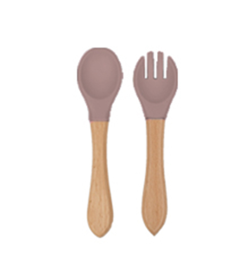 Lotus root color-wooden handle silicone fork spoon