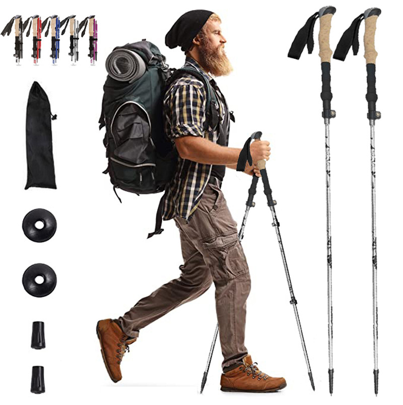 Amazon popular five-section folding trekking pole super light 7075 aluminum alloy outer lock outdoor hiking off-road pole