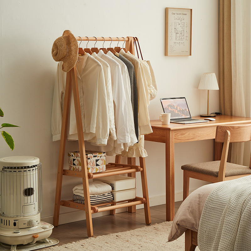 Beech Double-layer Hanger Floor Bedroom Doorway Storage Coat Rack Simple Folding Multifunctional Vertical Storage Rack
