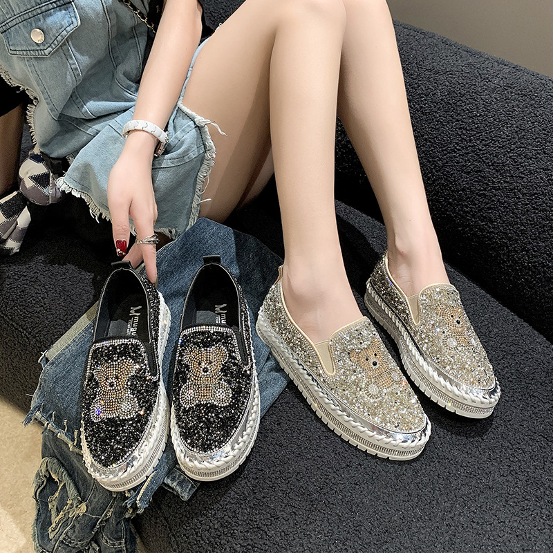 Spring, summer and autumn round head bright Diamond Bear Korean thick-soled women's shoes casual women's shoes middle-aged and elderly mother loafers - ShopShipShake