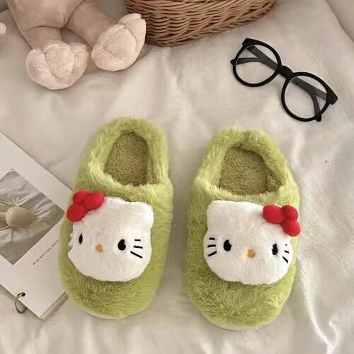 Cute bowknot KT cat home plush slippers autumn and winter thickened non-slip slippers cartoon student dormitory cotton slippers