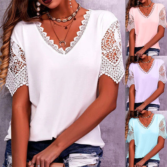 2023 European and American Foreign Trade Cross-border Women's T-shirt Amazon Explosive Lace Stitching Loose V-neck Short Sleeve T-shirt