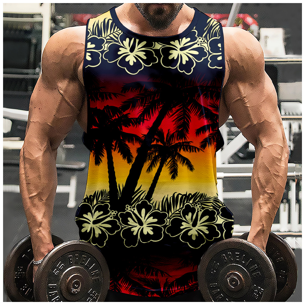 2023 European and American Cross-border New Hawaiian Style Coconut Tree Pattern 3D Digital Printed Loose Men's Vest