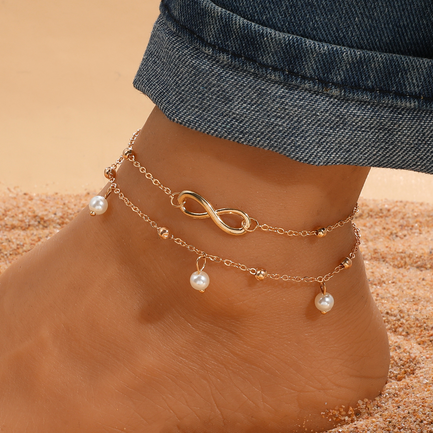 European and American fashion hot selling Pearl 8-word anklet jewelry women's handmade beaded double-chain foot jewelry beach foot jewelry wholesale