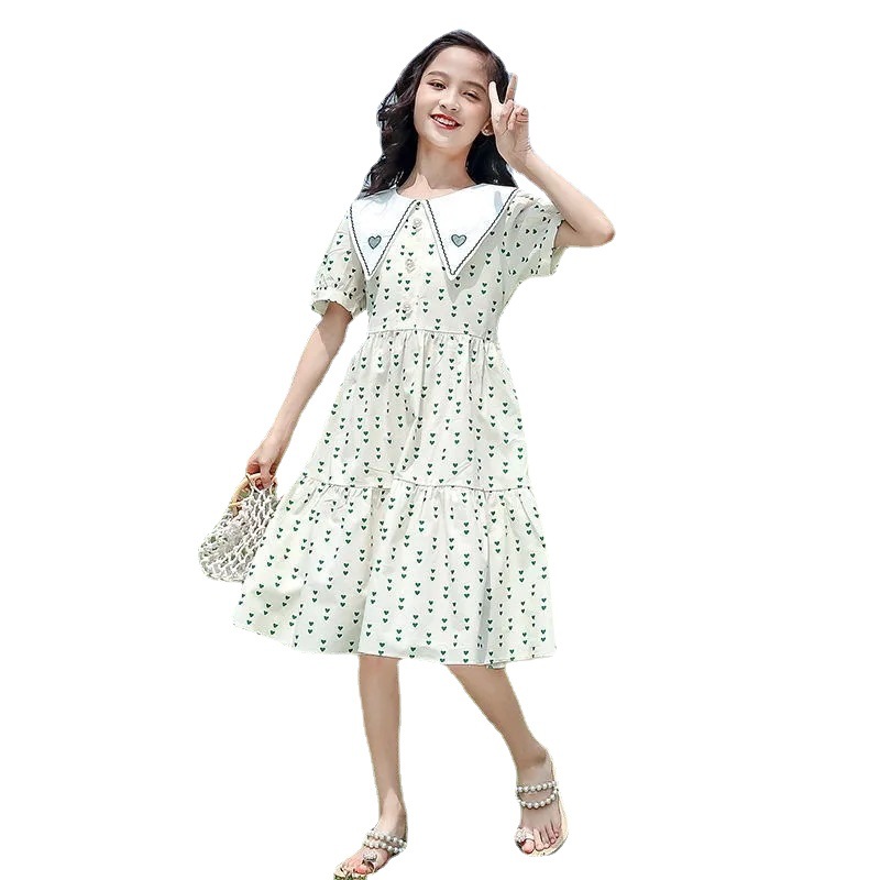Girls' Summer Dress Stylish Children's Fashionable Girl's Princess Dress Puff Sleeve Mid-Big Children's Summer Floral Dress