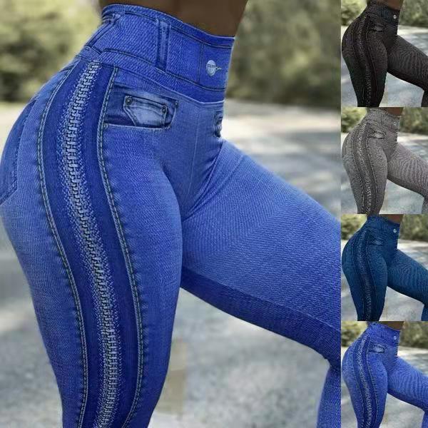 In Stock European and American AliExpress popular women's fashion zipper printing Denim sports leggings hip lifting plus size