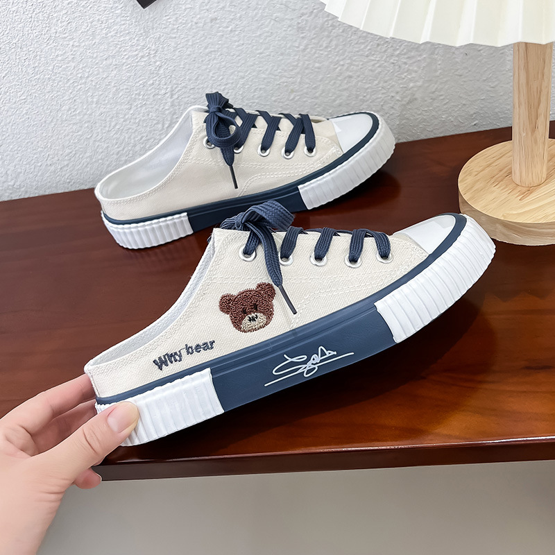 Bear Canvas Shoes Women's 2023 Summer New Low-top Casual Sneakers Flat Trendy Slippers All-match Half Slippers