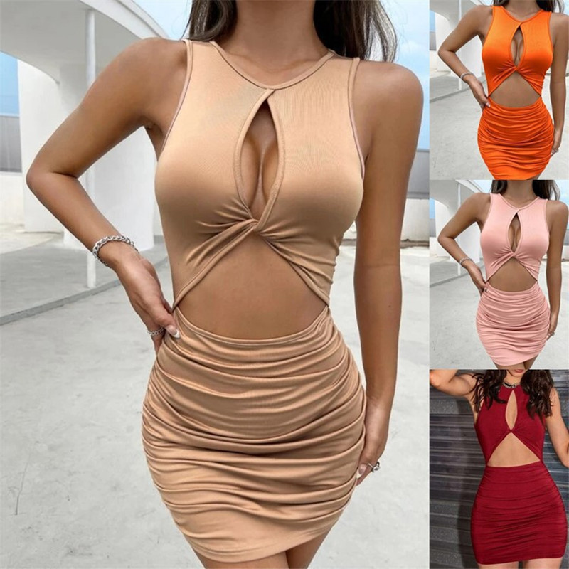 Cross-border 2022 Europe and America Amazon Summer Women's Tight Nightclub Dress Sexy Hollow-out Pleated Slip Dress Women