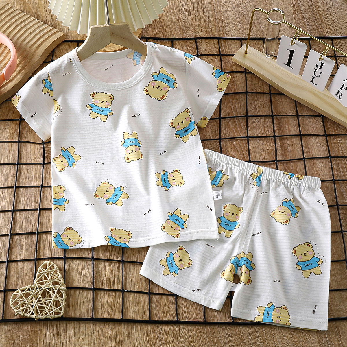 Children's Pajamas Set Short-sleeved Home Clothes Baby Air-conditioning Clothes Small and Medium-sized Boys and Girls Summer Clothes Thin Slub Cotton