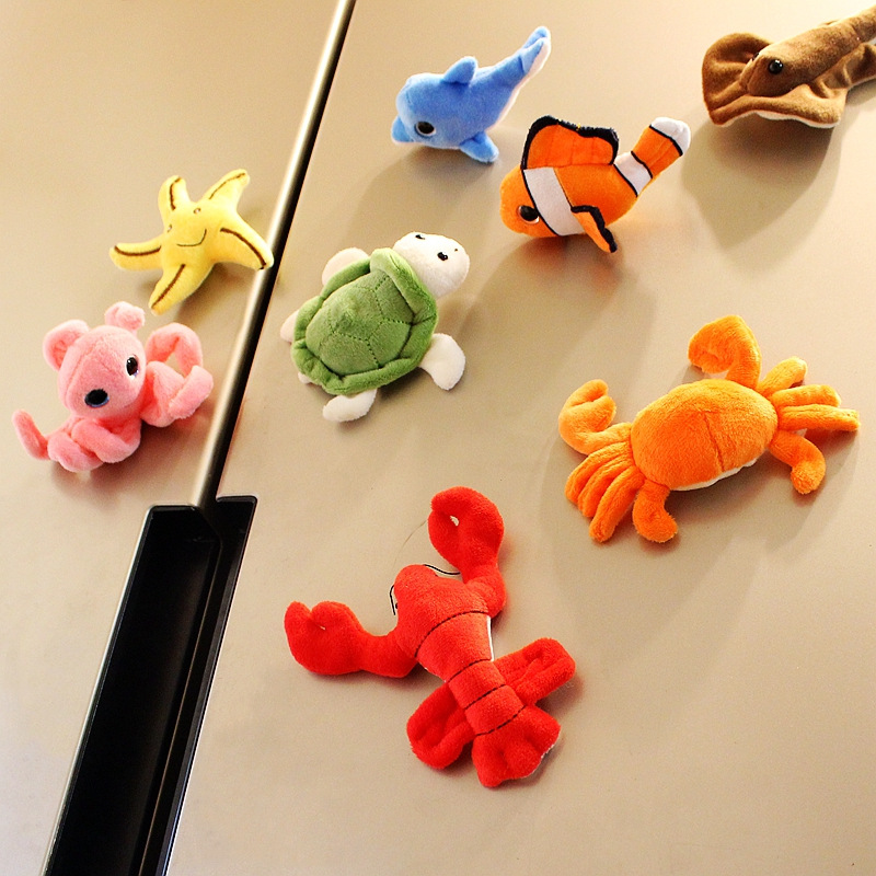 卡通毛绒公仔冰箱贴海洋动物小丑鱼龙虾海豚磁贴娃娃磁铁玩偶跨境