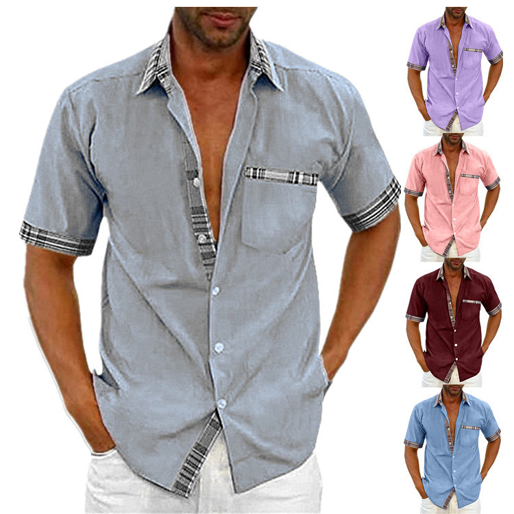 2023 men's summer solid color short-sleeved shirt collar cuff contrast color fashion button shirt one-piece delivery