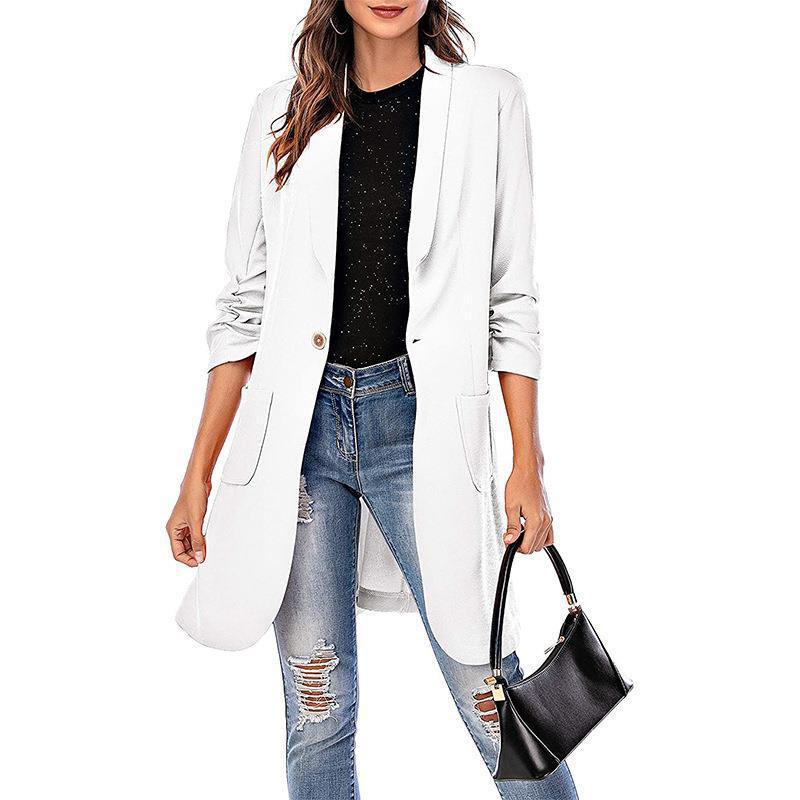 European and American cross-border women's solid color small suit autumn and winter new three-quarter sleeve long pocket coat suit jacket