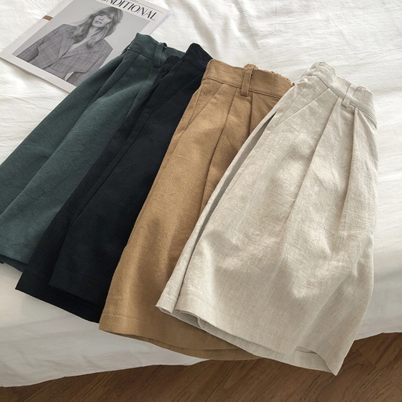 2022 Summer Breathable Cotton and Linen Shorts Japanese Style Vintage High Waist Slimming Linen Wide Leg Pants Casual Suit Women's