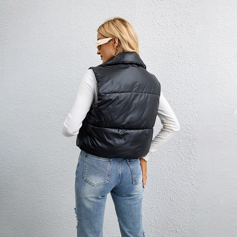 2024 autumn and winter new European and American style fashion short solid color down cotton vest slim high collar loose cotton vest