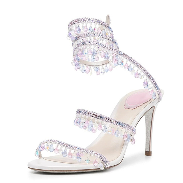 2023 spring and summer new rhinestone gem ankle winding snake-shaped high heel sandals sexy European and American cross-border large size shoes for women