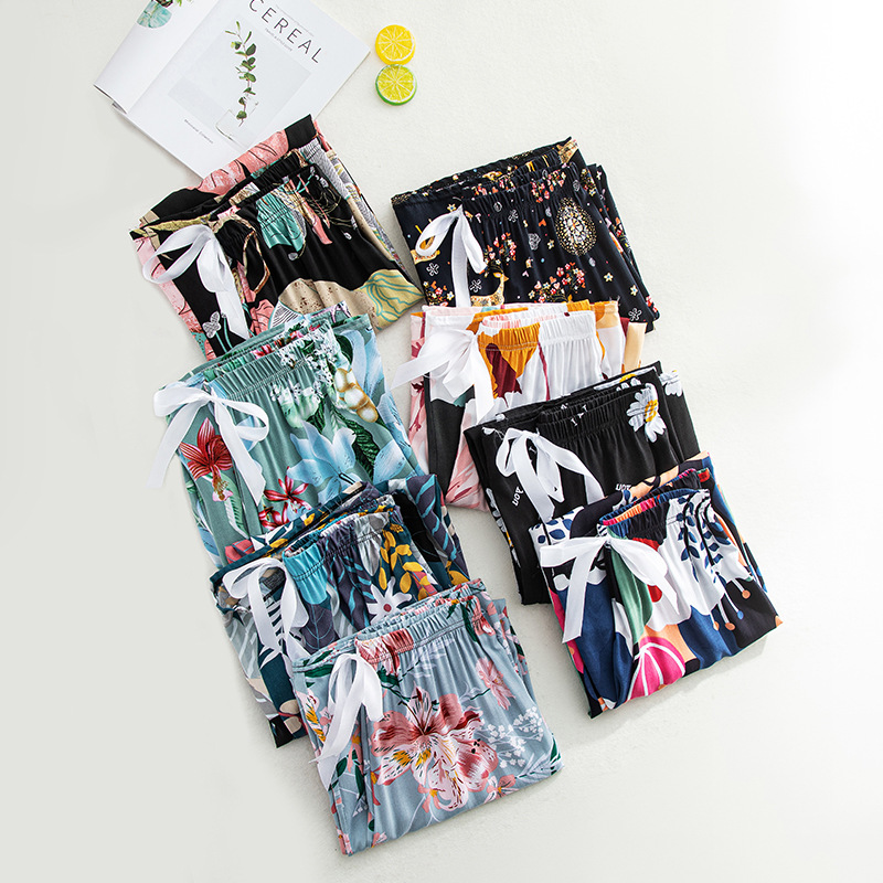 Women's cotton silk pajama pants summer thin cartoon printed loose wide-leg pants pregnant women can wear outside plus size home casual pants