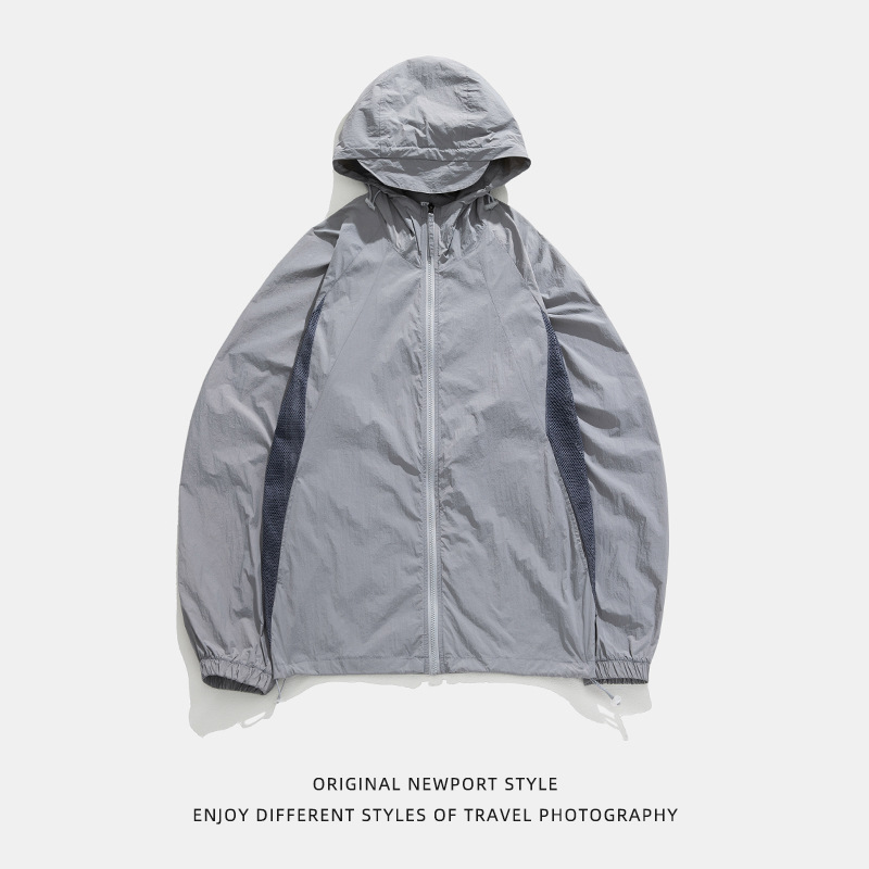 UPF50 Stitching Contrast Color Mesh Sunscreen Clothing Men's Spring and Summer Thin Outdoor UV-proof Breathable Hooded Sunscreen Clothing