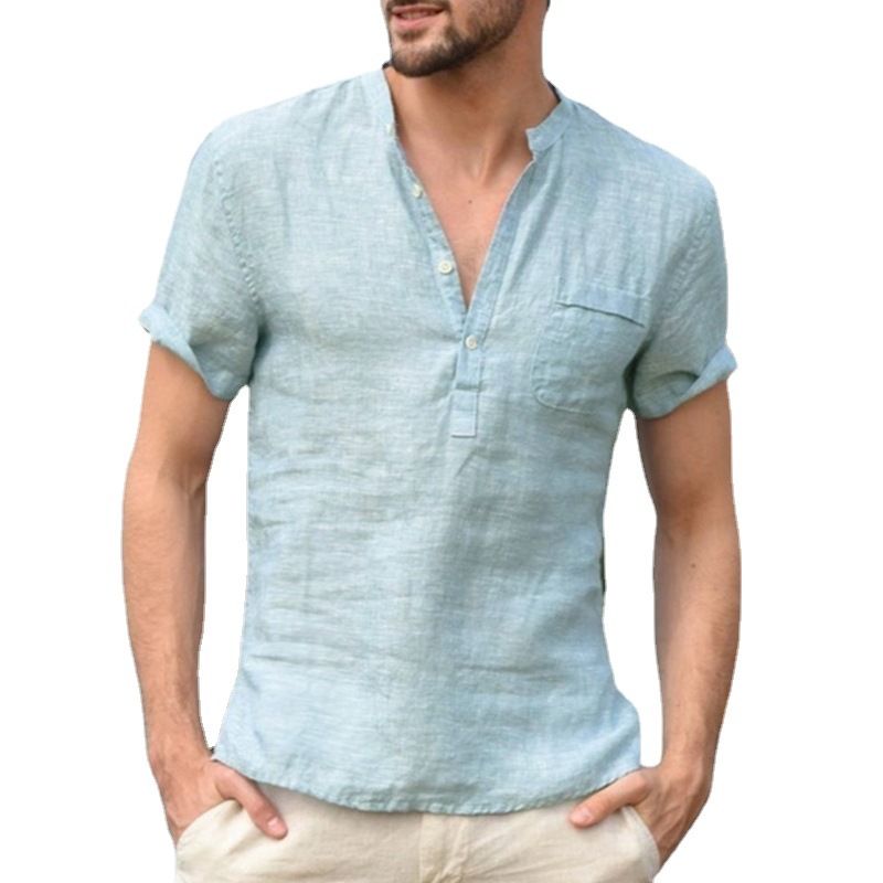 Summer New Cotton Short-sleeved Men's Solid Color Stand Collar Buckle Half Opening Simple Short-sleeved Shirt